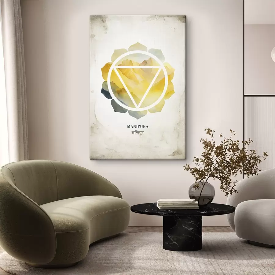 murales de pared Manipura chakra, chakra amarillo, esotérico, meditación, budismo, montañas estilo acuarela s41882