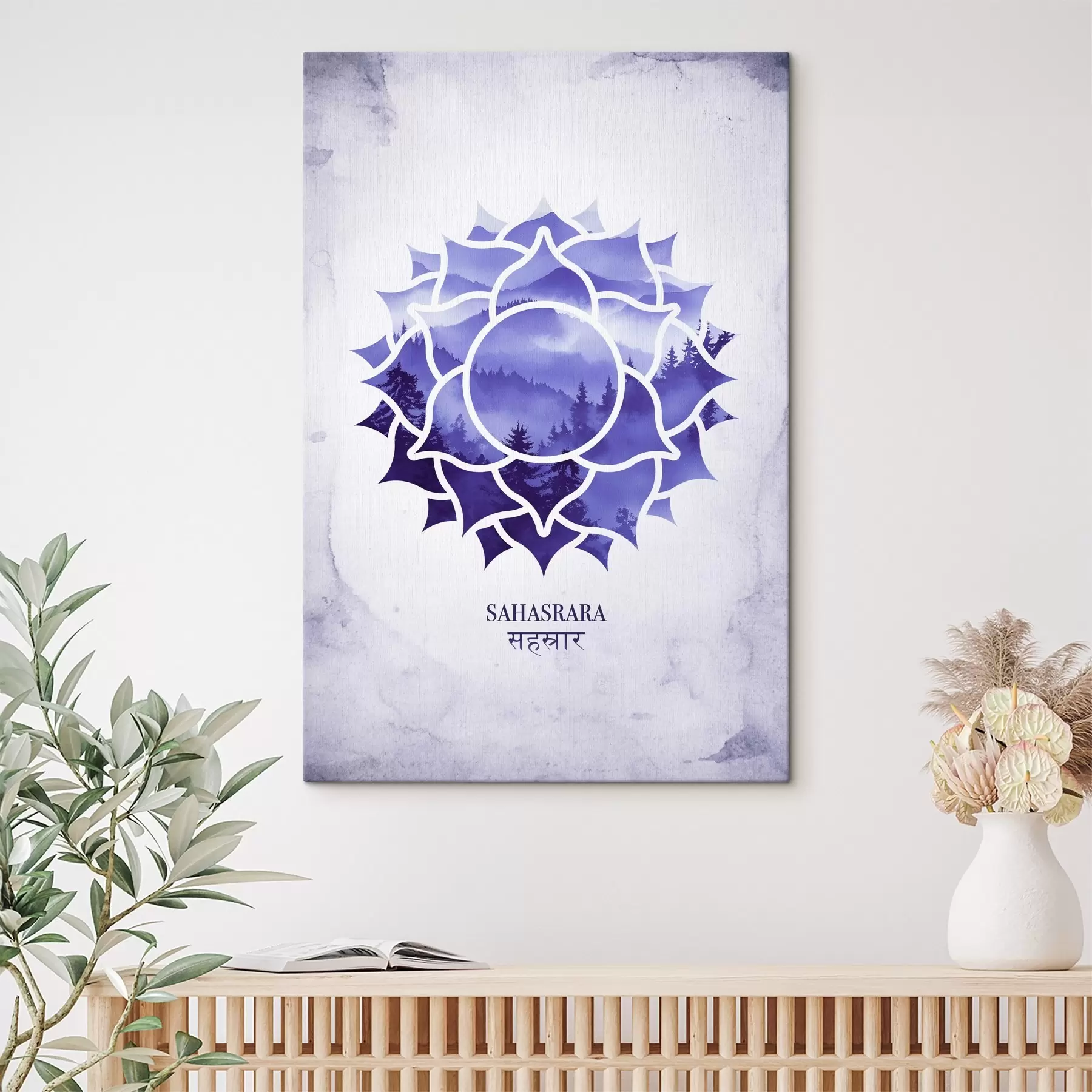 murales de pared Sahasrara chakra, chakra púrpura, esotérico, meditación, budismo, montañas estilo acuarela s41886