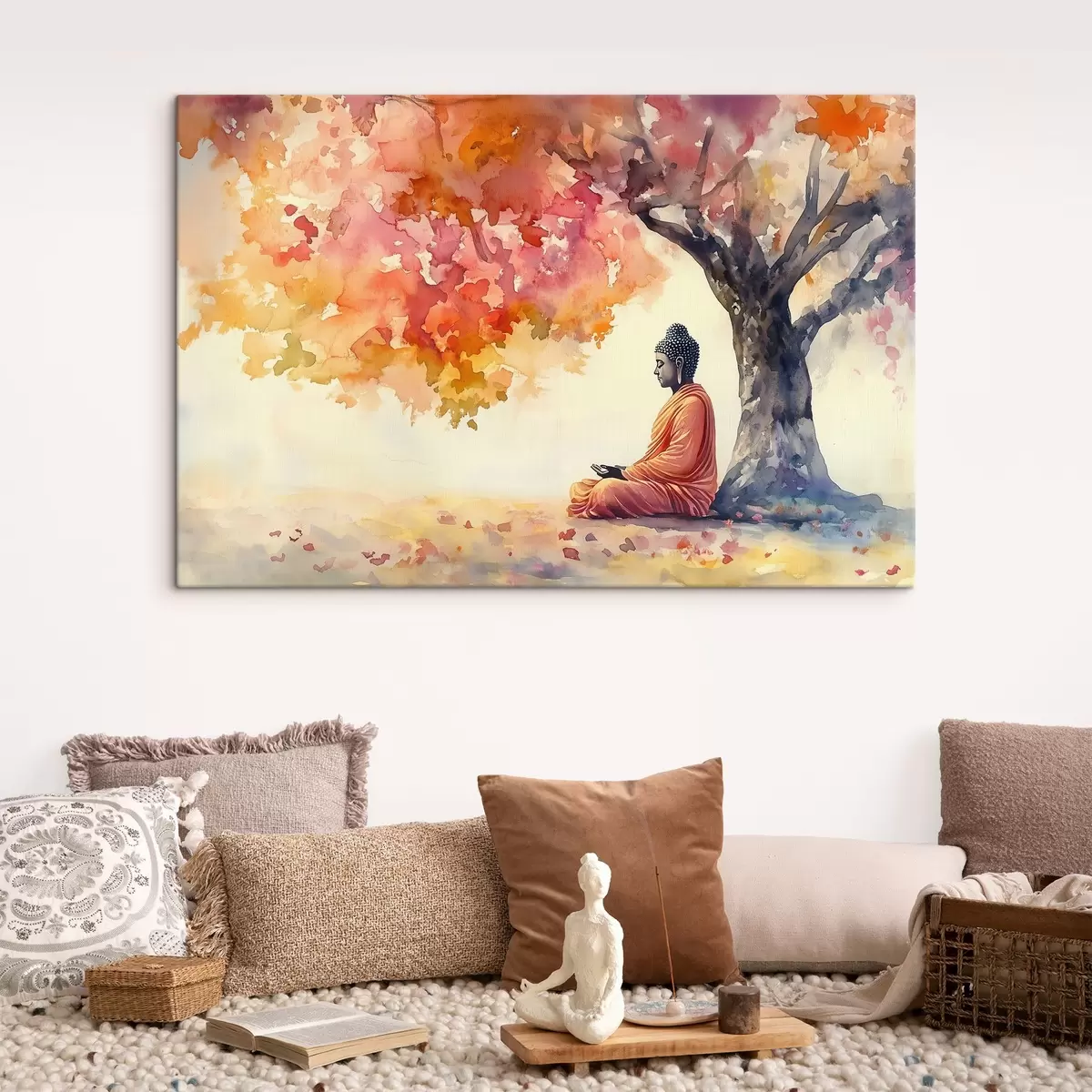 murales de pared Buda meditando bajo el árbol, estilo acuarela, otoño, esotérico s41887