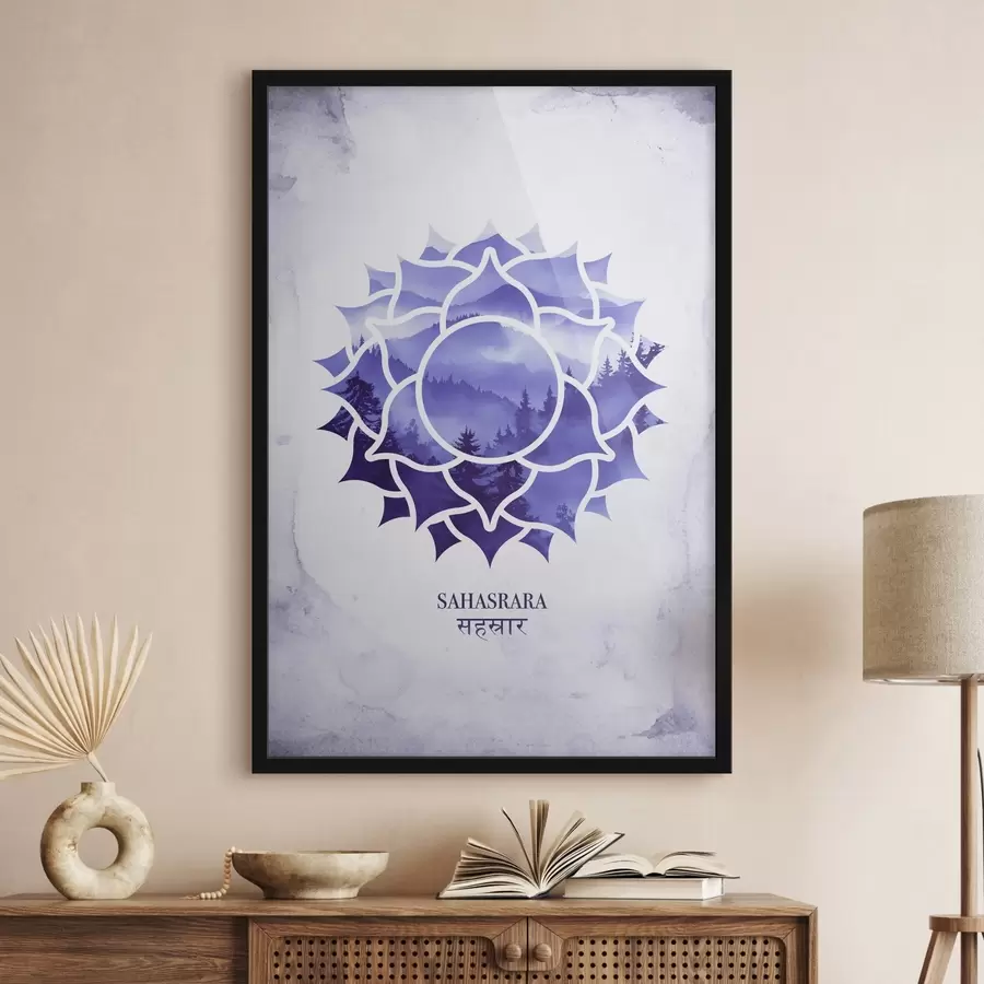 murales de pared Sahasrara chakra, chakra púrpura, esotérico, meditación, budismo, montañas estilo acuarela f41886