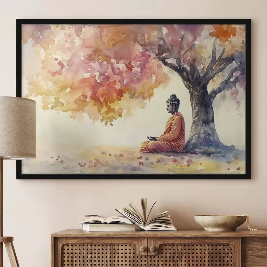 murales de pared Buda meditando bajo el árbol, estilo acuarela, otoño, esotérico f41887
