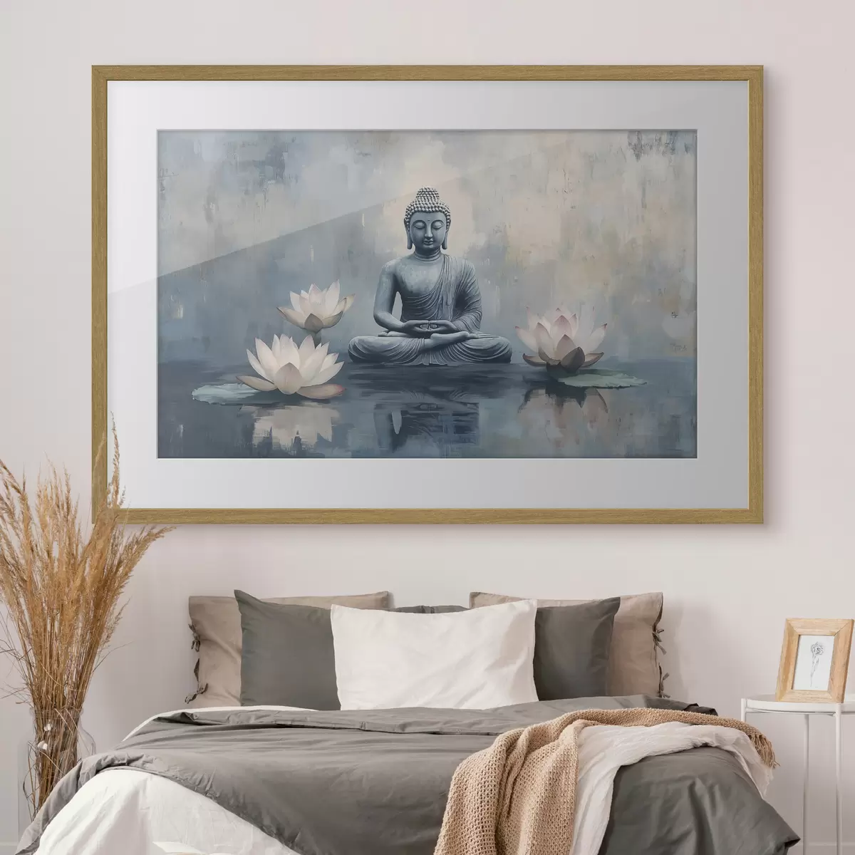 Poster Buda meditando en el lago con lotos, estilo oriental, acrílico f41891