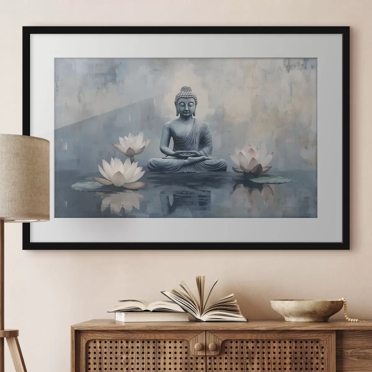 Poster Buda meditando en el lago con lotos, estilo oriental, acrílico f41891