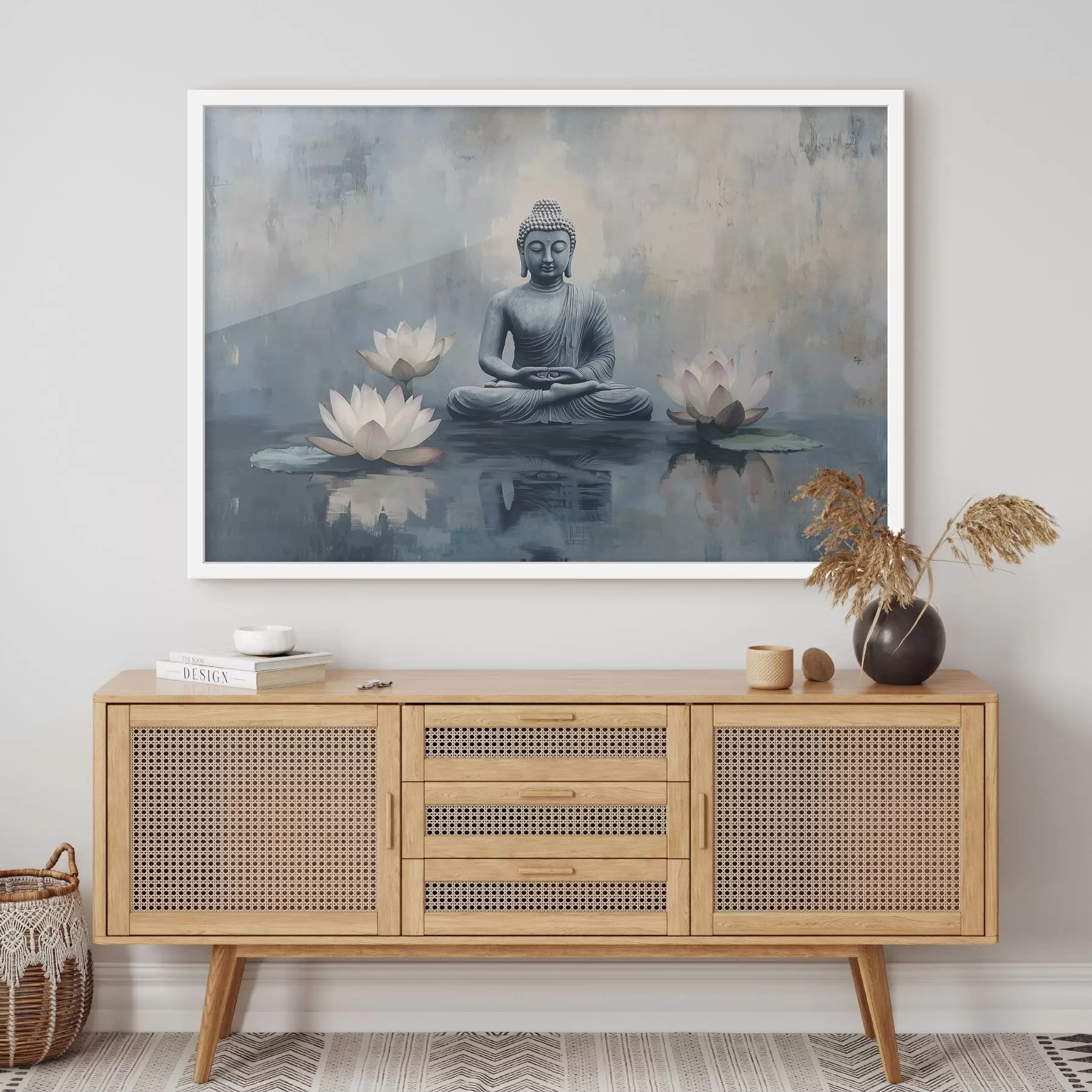 murales de pared Buda meditando en el lago con lotos, estilo oriental, acrílico f41891