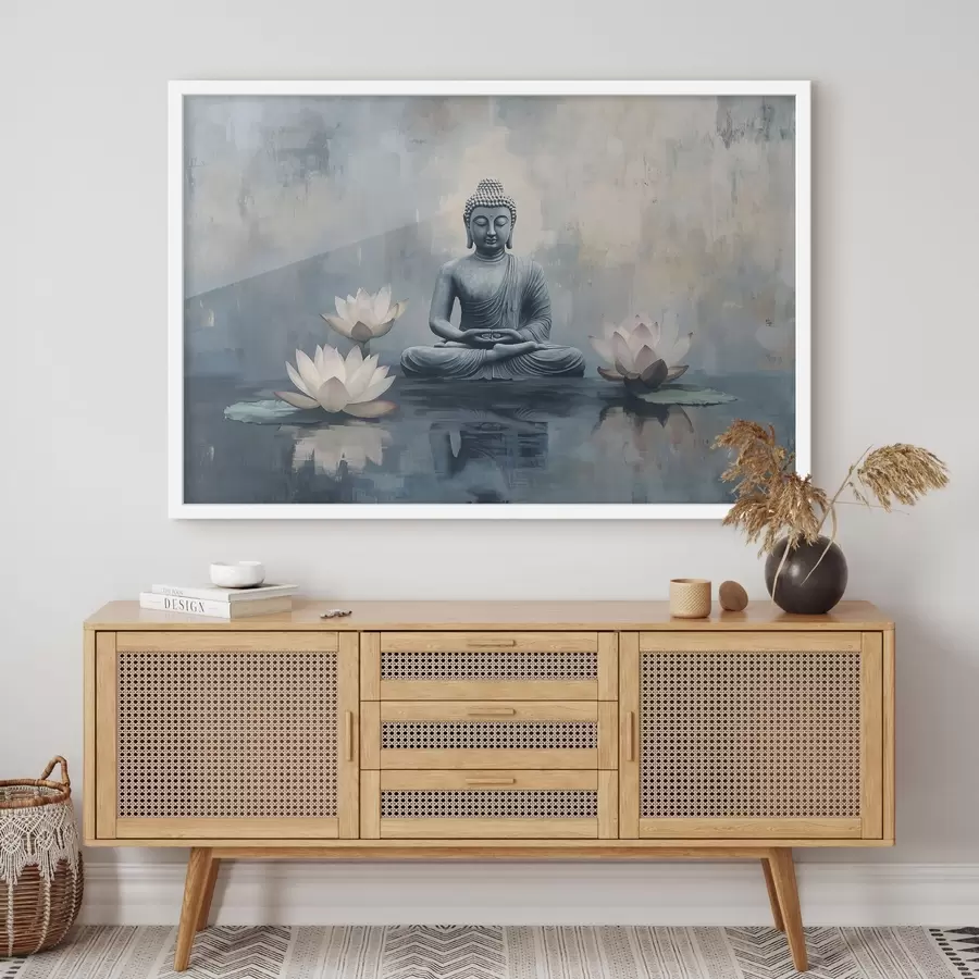 murales de pared Buda meditando en el lago con lotos, estilo oriental, acrílico f41891
