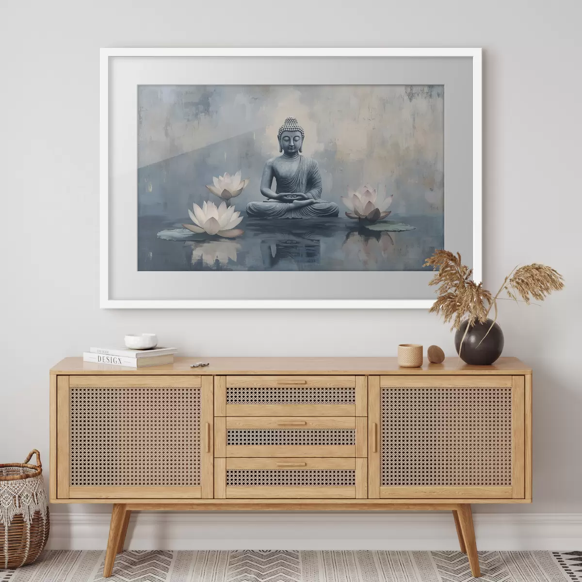 Poster Buda meditando en el lago con lotos, estilo oriental, acrílico f41891