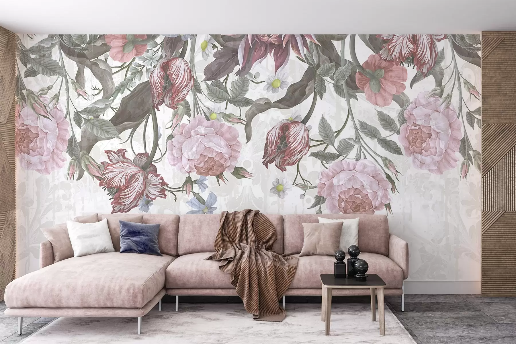 murales de pared Un exuberante arreglo floral con grandes flores rosas y blancas, con hojas y tallos verdes  w08435