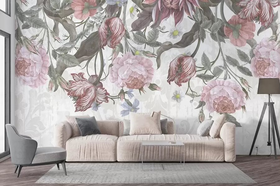 murales de pared Un exuberante arreglo floral con grandes flores rosas y blancas, con hojas y tallos verdes  w08435