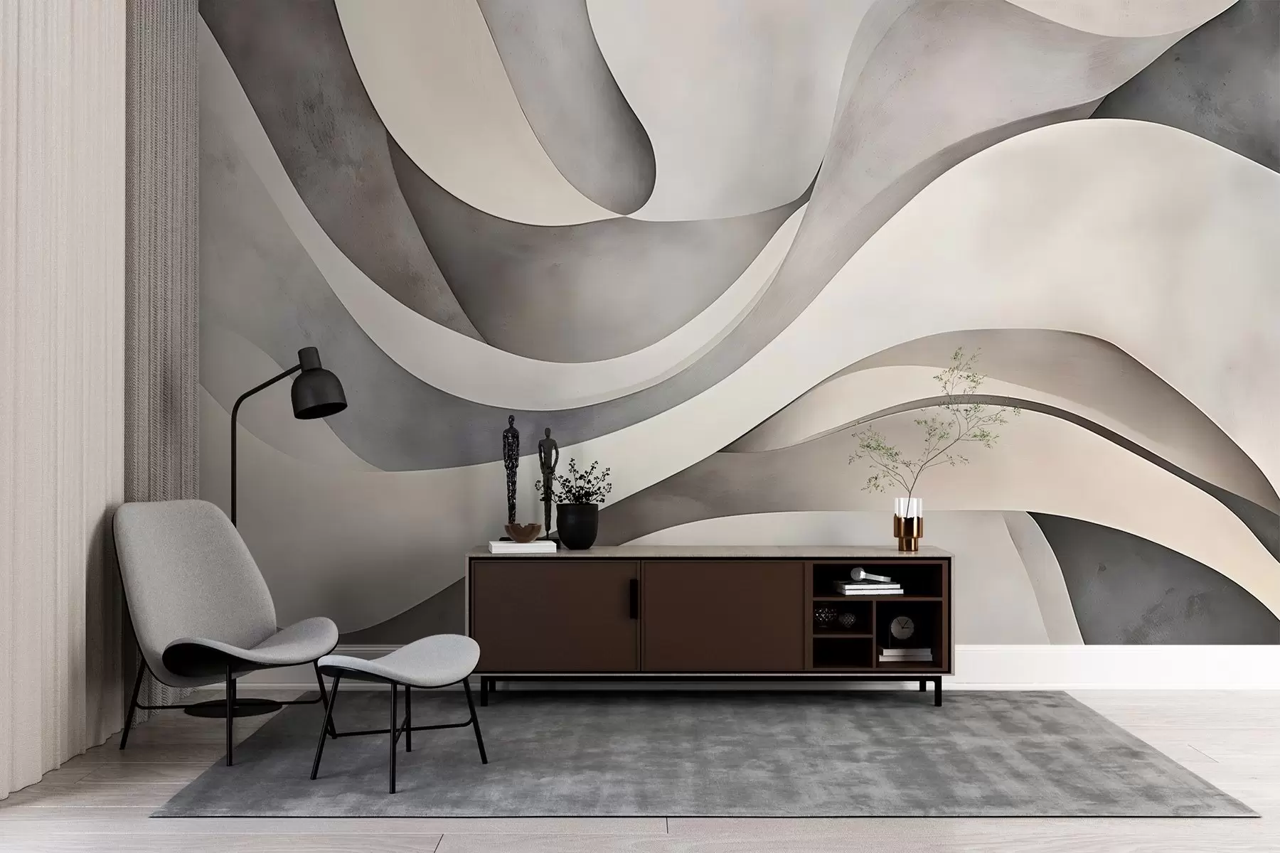 murales de pared Formas curvas en blanco, beige y gris, creando un estampado minimalista, moderno y abstracto  w08439