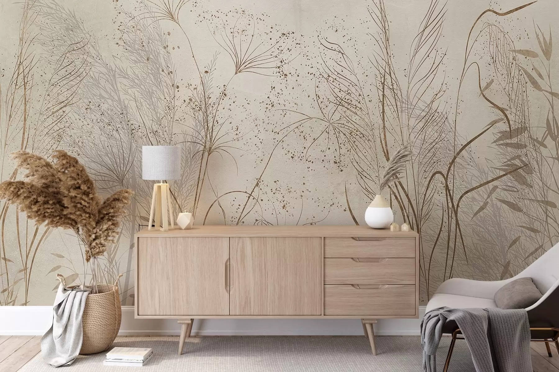 murales de pared Ilustración monocroma de varias plantas y espiguillas de color beige con líneas y texturas delicadas y tenues  w08441