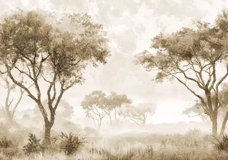 murales de pared Un paisaje brumoso y sereno con árboles silueteados en primer plano y una suave niebla en tonos marrones y beige w08442v2