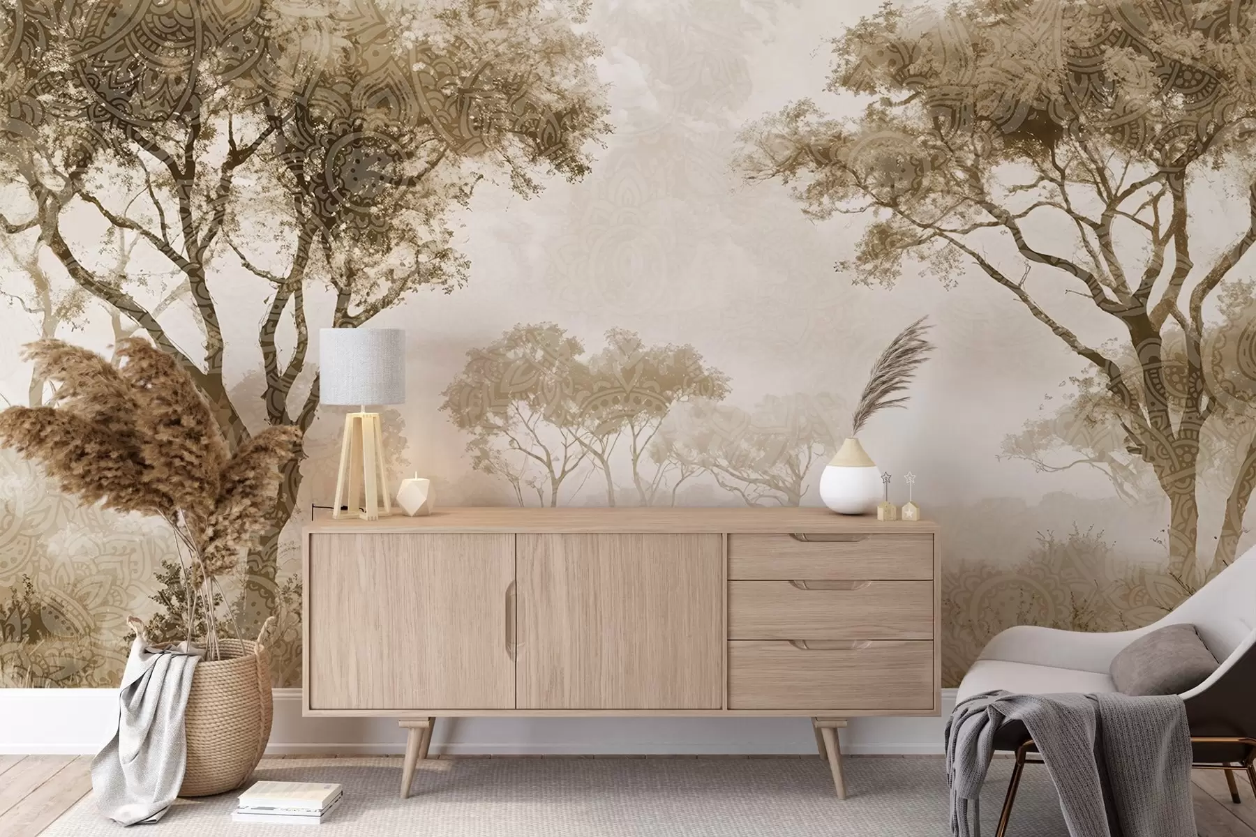 murales de pared Un paisaje brumoso y sereno con árboles silueteados en primer plano y una suave niebla en tonos marrones y beige w08442v2