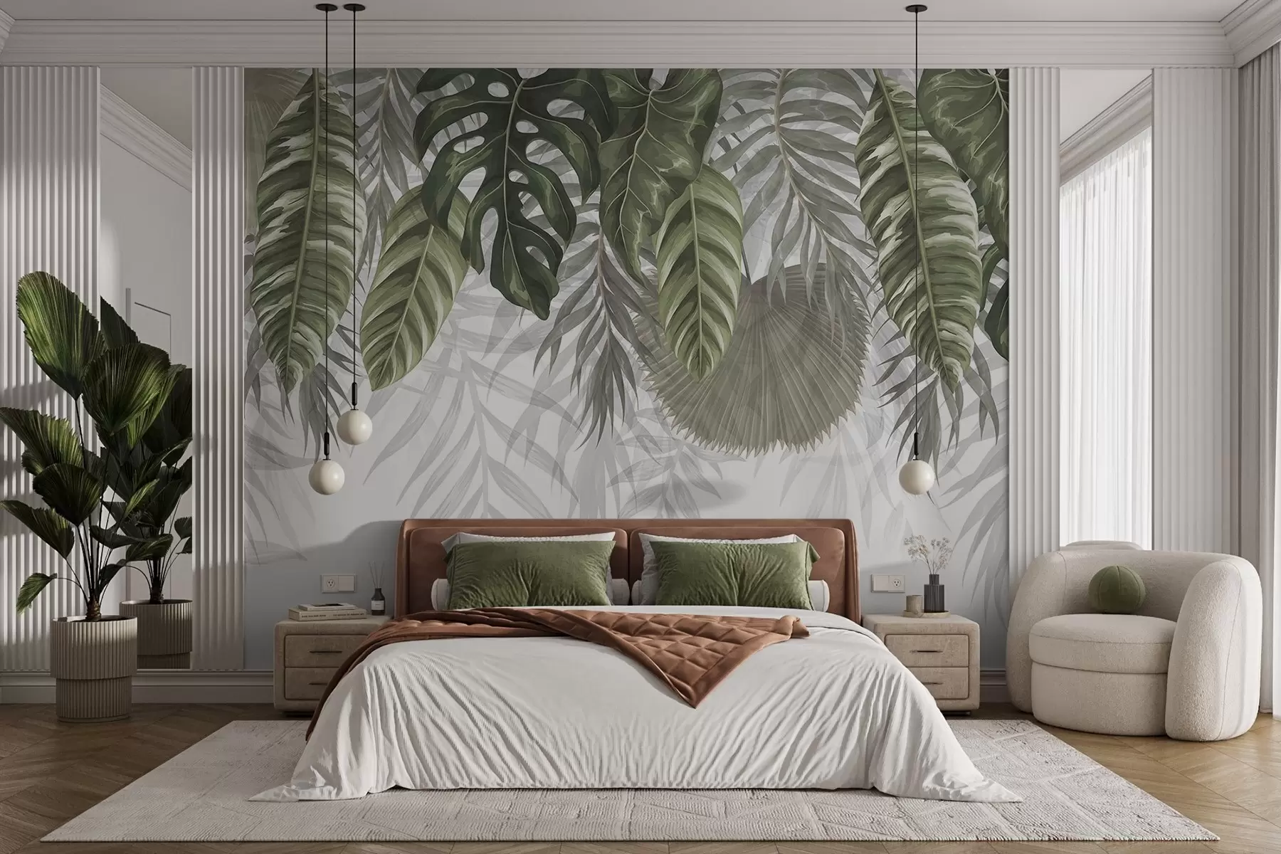 murales de pared Hojas tropicales en tonos verdes, incluidas grandes hojas de monstera y hojas de palmera, sobre fondo blanco w08443