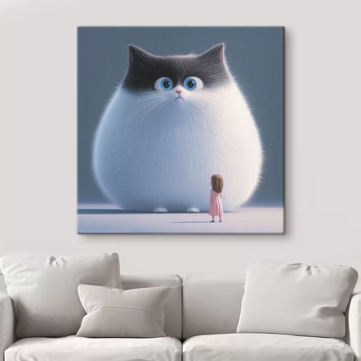 murales de pared Un gato esponjoso sorprendido con una niña en estilo ilustración s41974