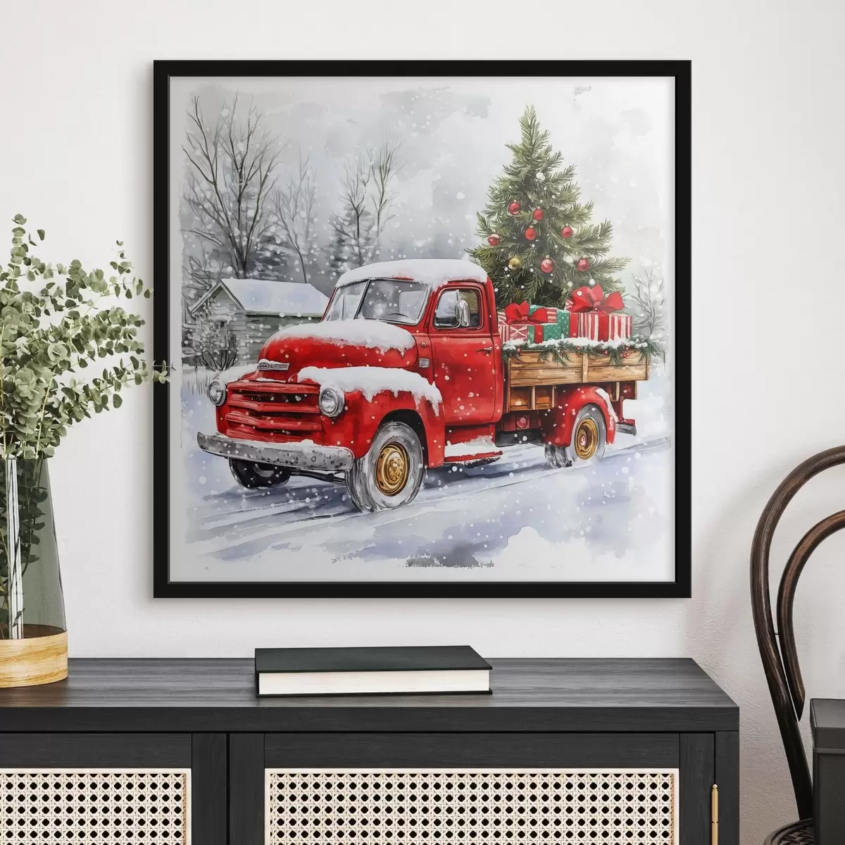 Poster Un coche de Navidad con un árbol y regalos en tiempo de nieve f41968