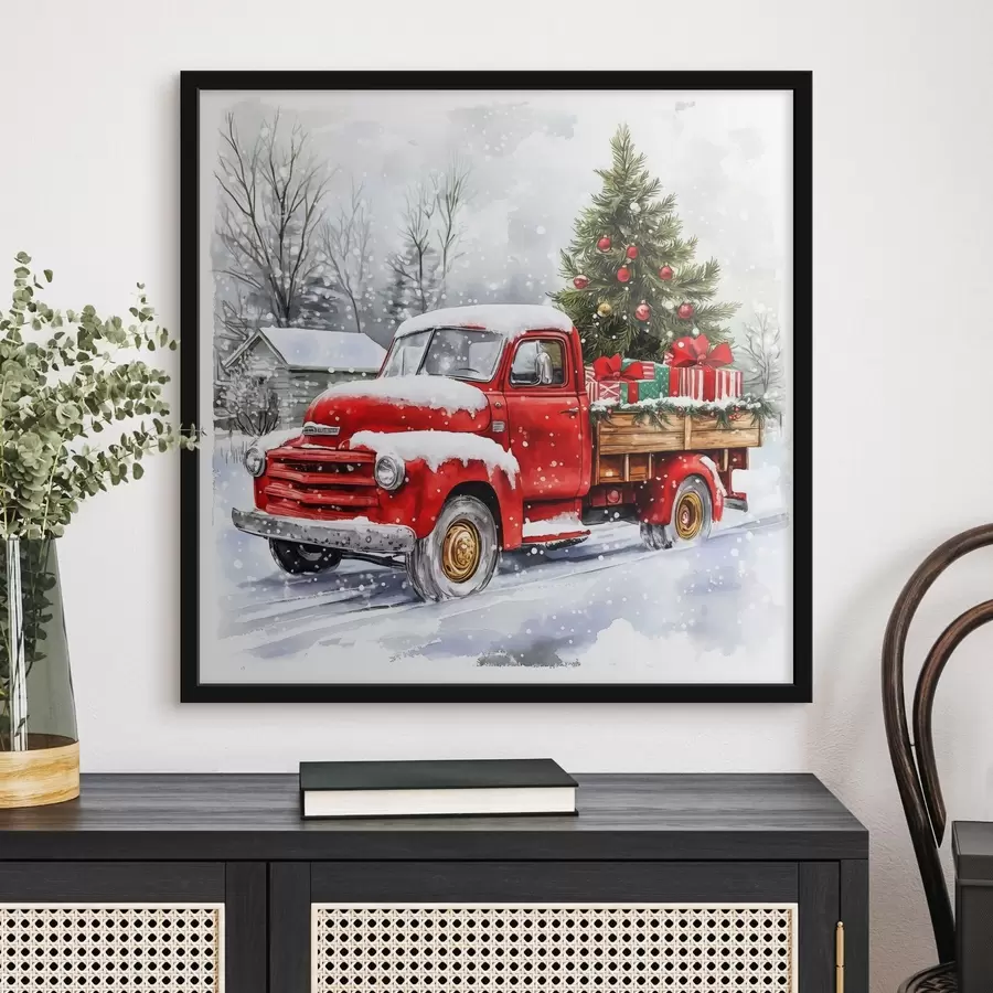 murales de pared Un coche de Navidad con un árbol y regalos en tiempo de nieve f41968