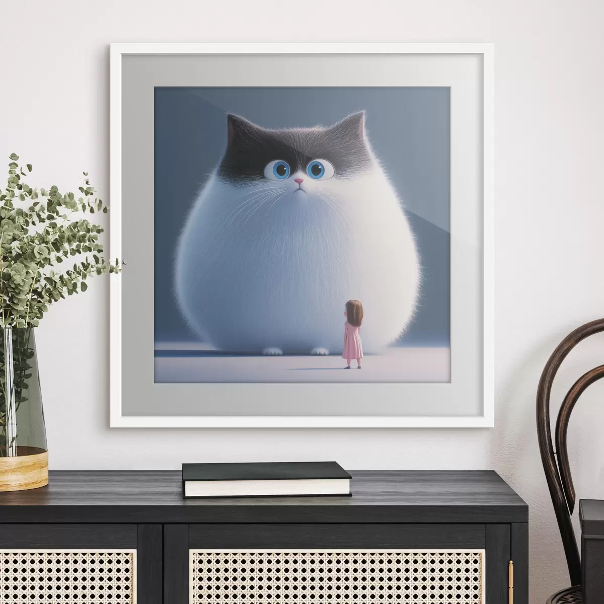 Poster Un gato esponjoso sorprendido con una niña en estilo ilustración f41974