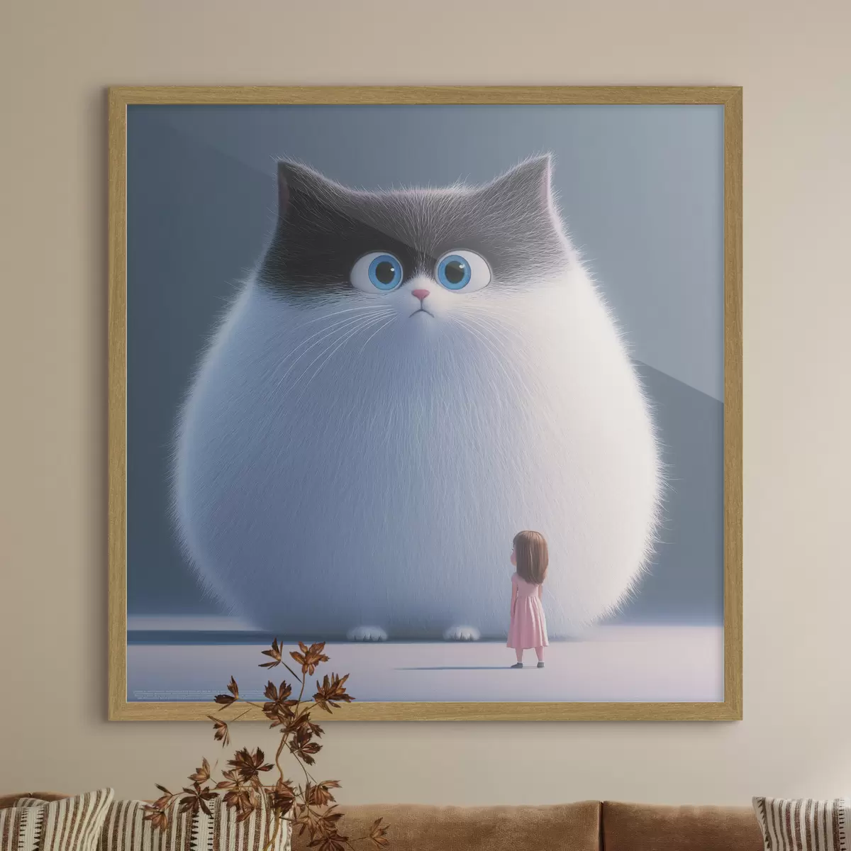 Poster Un gato esponjoso sorprendido con una niña en estilo ilustración f41974