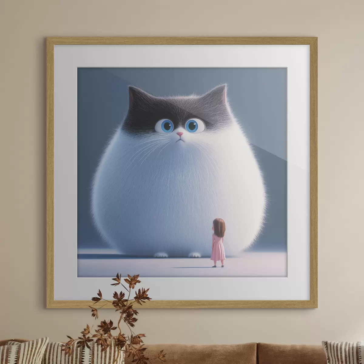 Poster Un gato esponjoso sorprendido con una niña en estilo ilustración f41974
