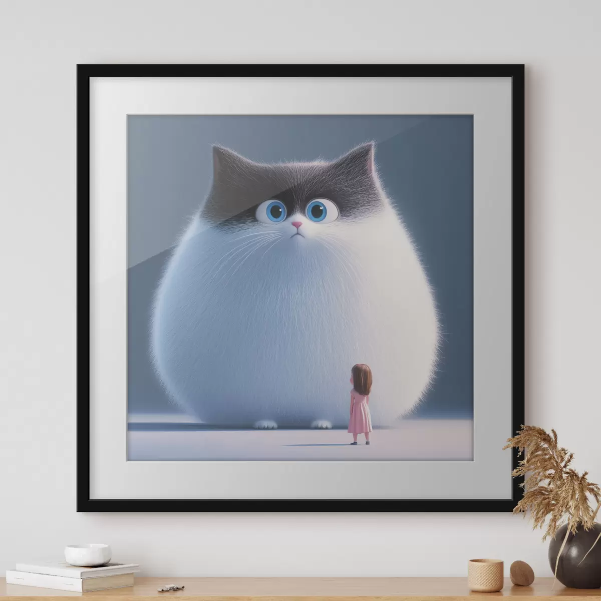 Poster Un gato esponjoso sorprendido con una niña en estilo ilustración f41974