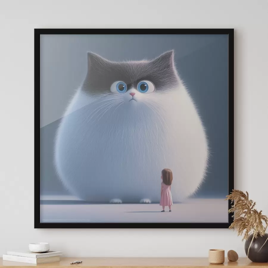 murales de pared Un gato esponjoso sorprendido con una niña en estilo ilustración f41974