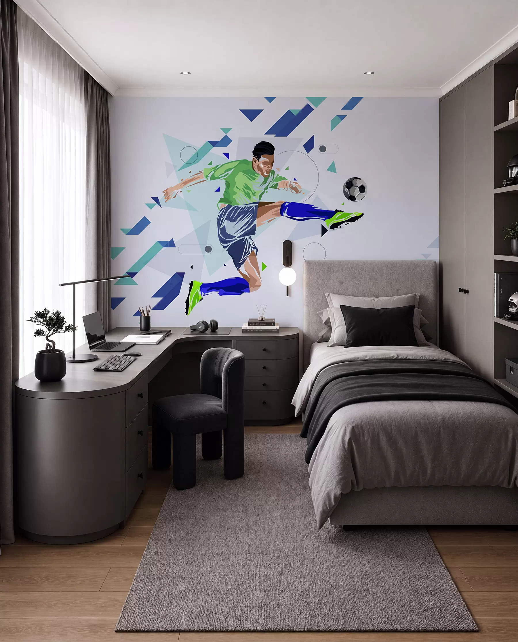 murales de pared el jugador de fútbol que chuta el balón w02401