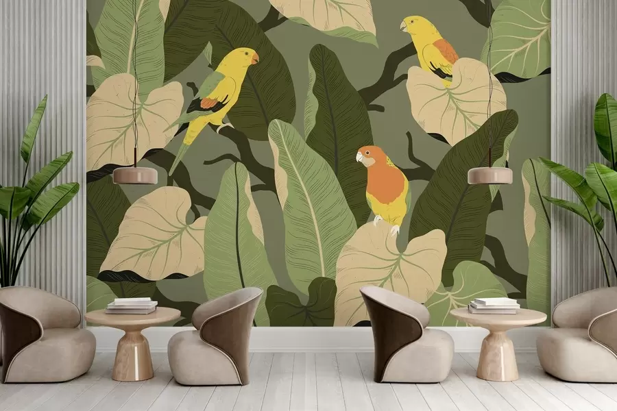 murales de pared hojas tropicales con loros w02402