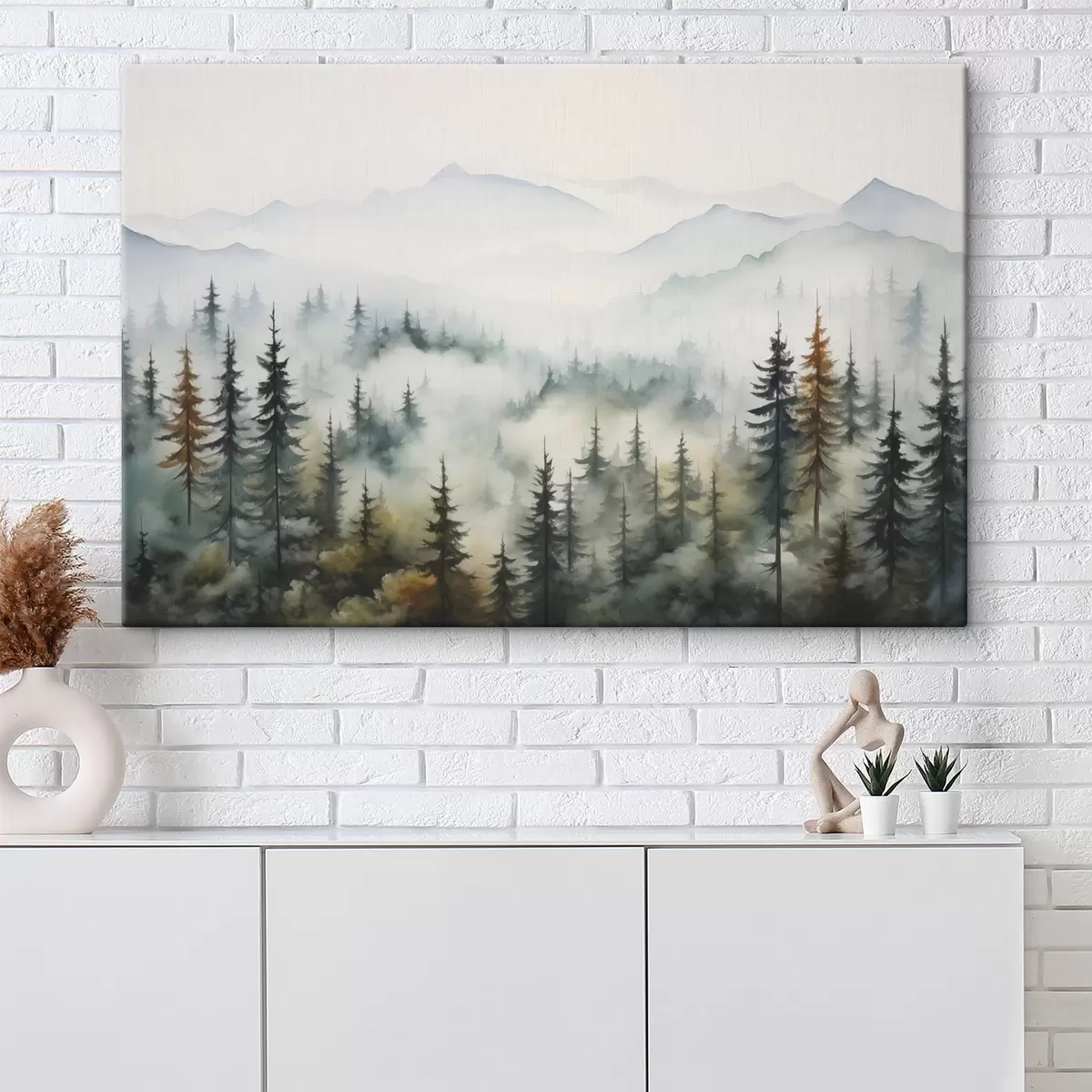 murales de pared Bosque sobre el fondo de las montañas en la niebla imitación de acuarela s41935