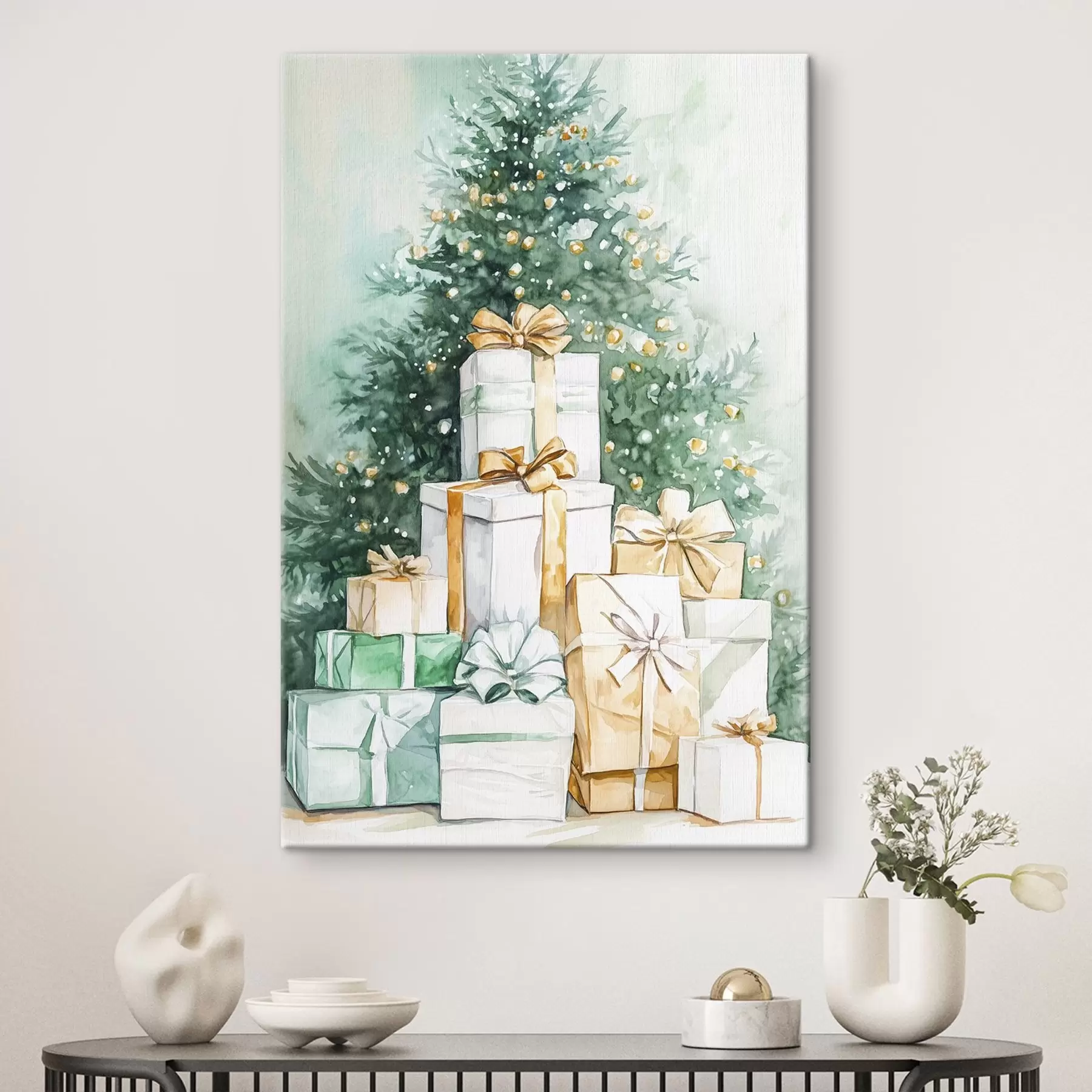 murales de pared Árbol de Navidad con regalos envueltos, estilo acuarela, festivo s41944