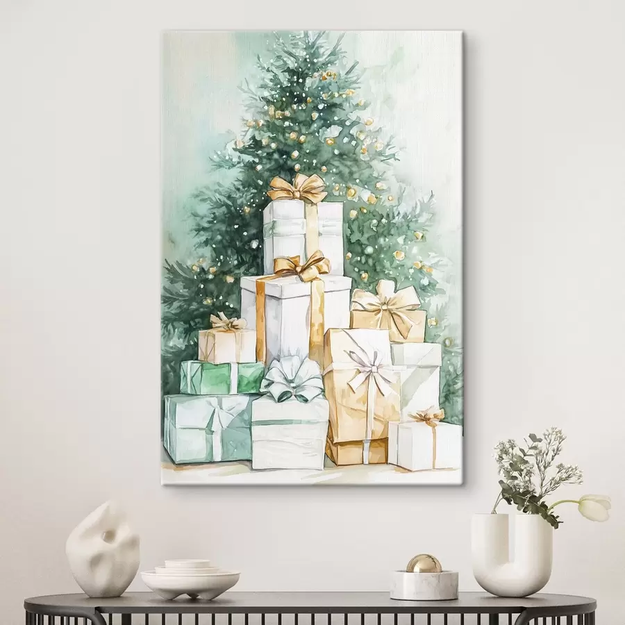 murales de pared Árbol de Navidad con regalos envueltos, estilo acuarela, festivo s41944