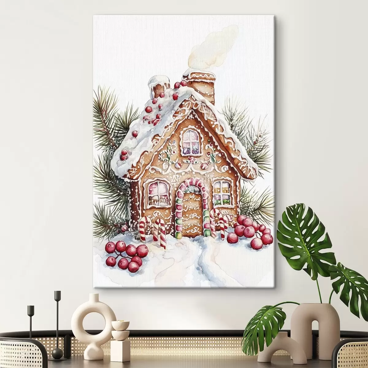 murales de pared Casa de pan de jengibre, ramas de pino, bayas rojas, Navidad  s41946