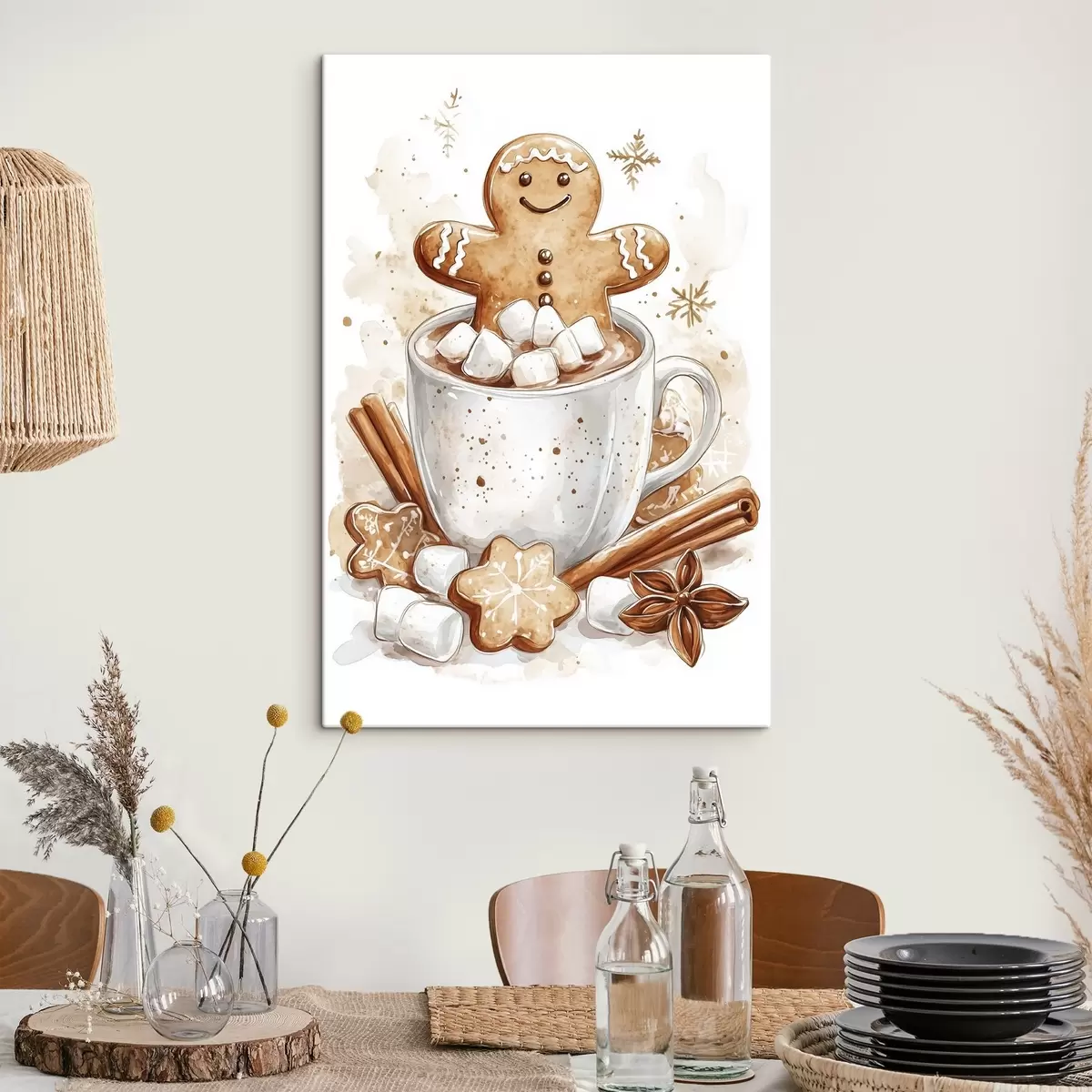 murales de pared Hombres de pan de jengibre en la taza de café, canela, malvaviscos, estilo acuarela, beige s41948