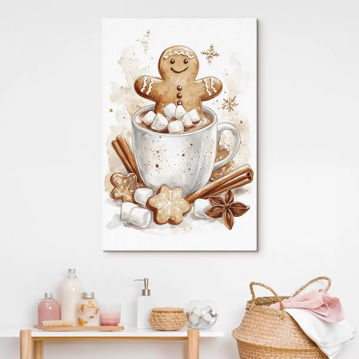 murales de pared Hombres de pan de jengibre en la taza de café, canela, malvaviscos, estilo acuarela, beige s41948