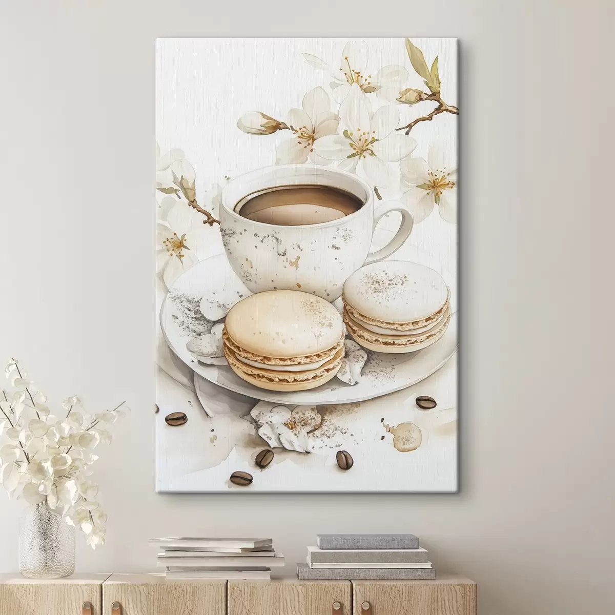 murales de pared Taza de café con macarrones, estilo acuarela, colores suaves, flores de jazmín s41949