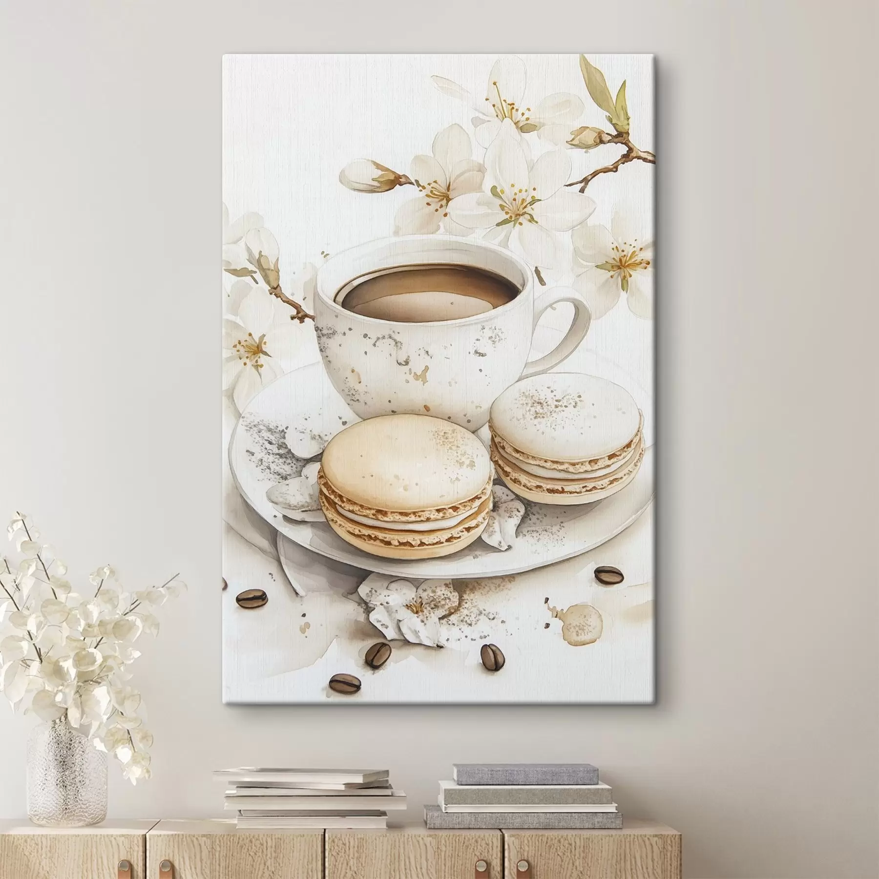 murales de pared Taza de café con macarrones, estilo acuarela, colores suaves, flores de jazmín s41949