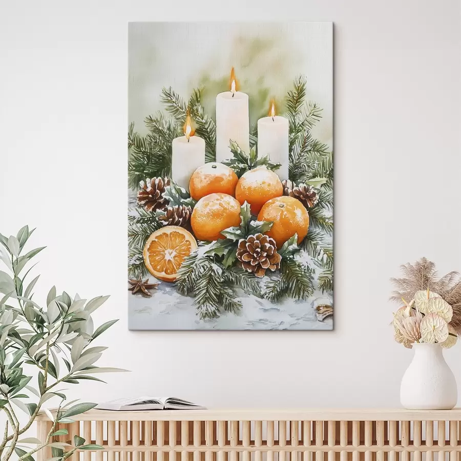 murales de pared Decoración navideña con velas, pino, piñas y naranjas, estilo acuarela s41951