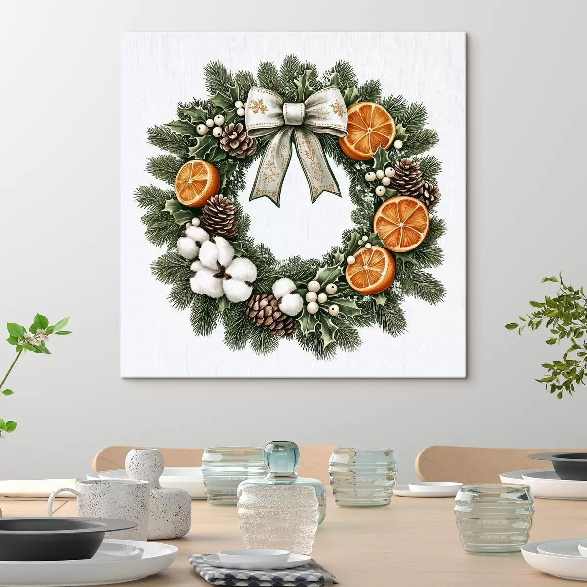 murales de pared Corona de Navidad con algodón, naranjas, bayas silvestres y conos, estilo acuarela s41954