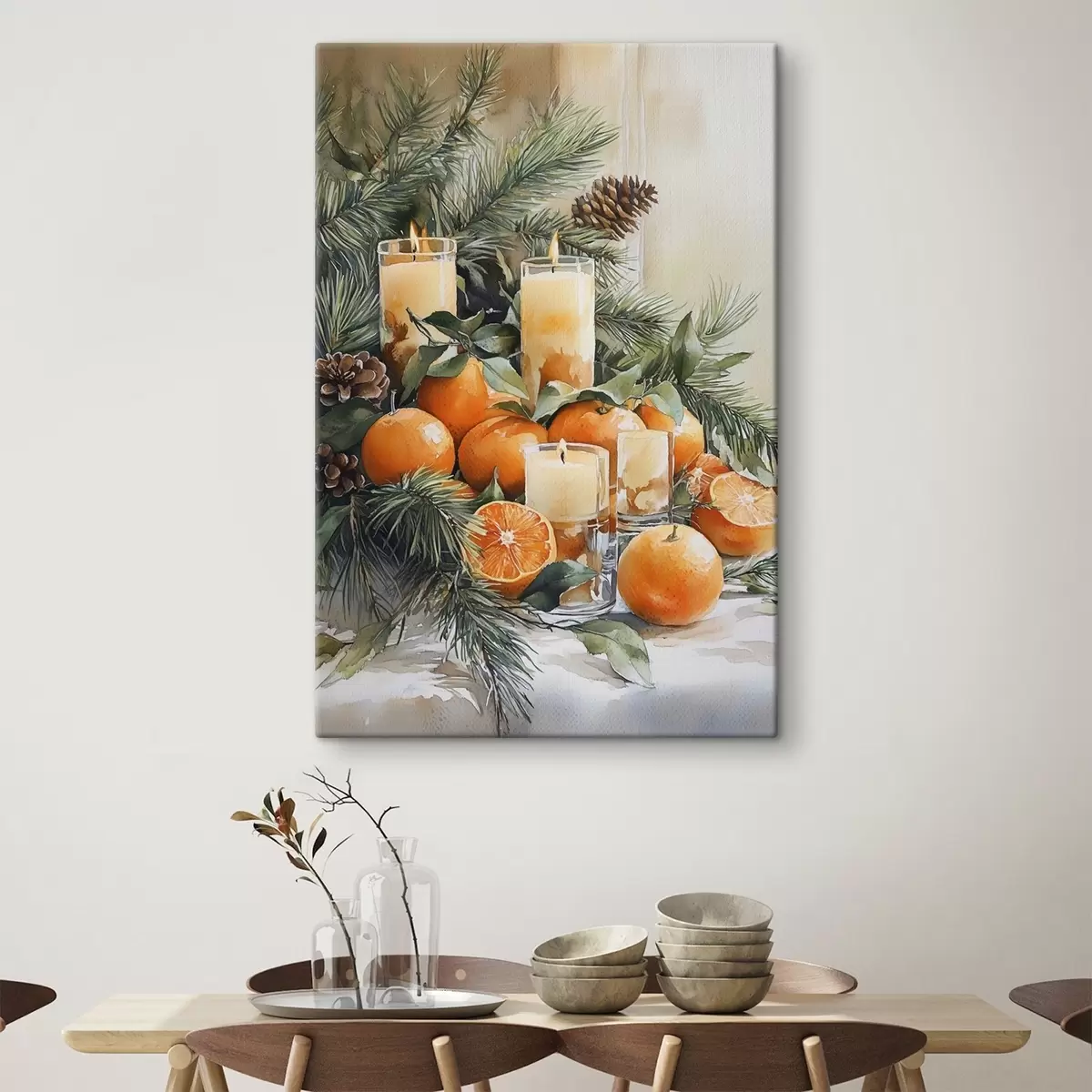 murales de pared Ramas de pino con piñas, naranjas y velas, estilo festivo, acuarela s41956