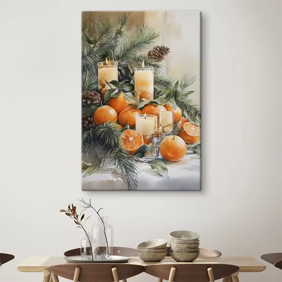 murales de pared Ramas de pino con piñas, naranjas y velas, estilo festivo, acuarela s41956