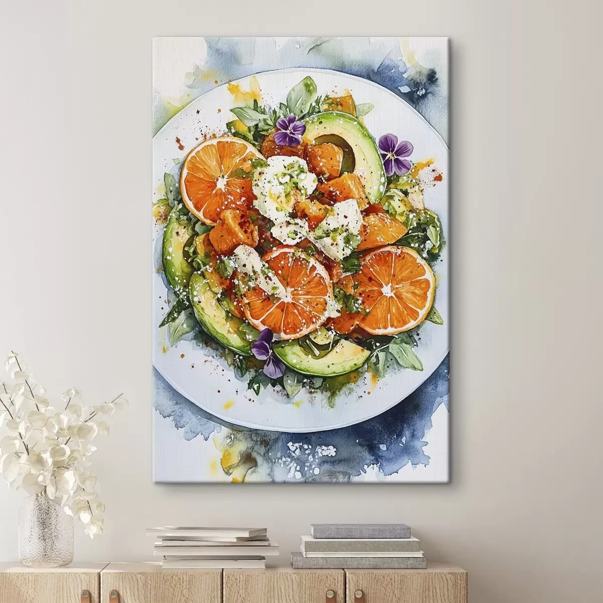 murales de pared Deliciosa ensalada con naranjas, queso feta, calabazas y aguacate, comida de acuarela s41959