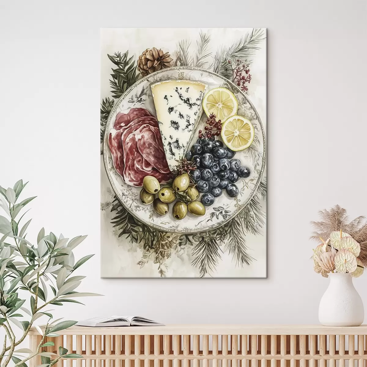 murales de pared Plato festivo con queso azul, aceitunas, jamón, limones y arándanos, comida estilo acuarela s41960