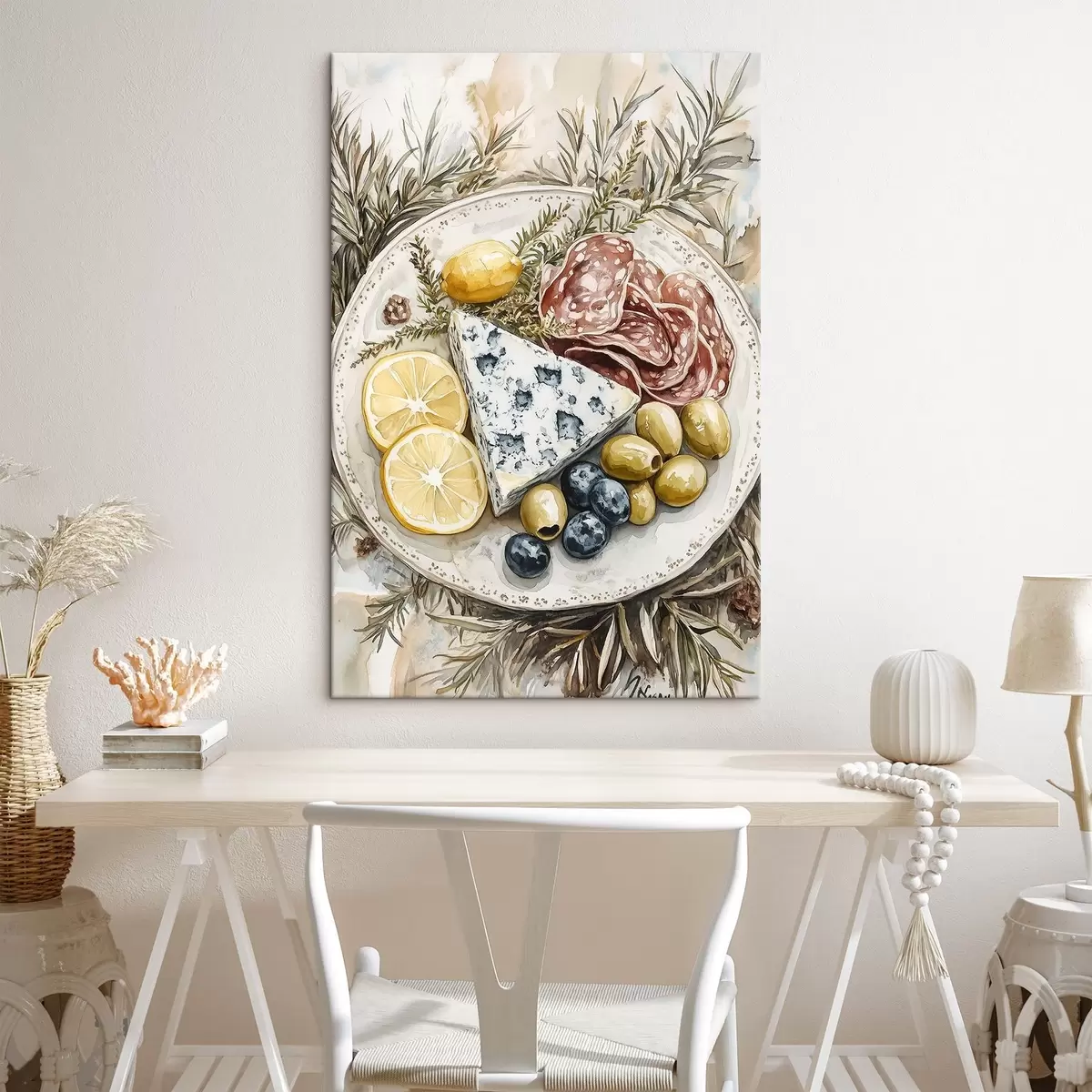 murales de pared Plato estilo acuarela con comida deliciosa, festiva, queso azul, salami, aceitunas, limón, pino s41961