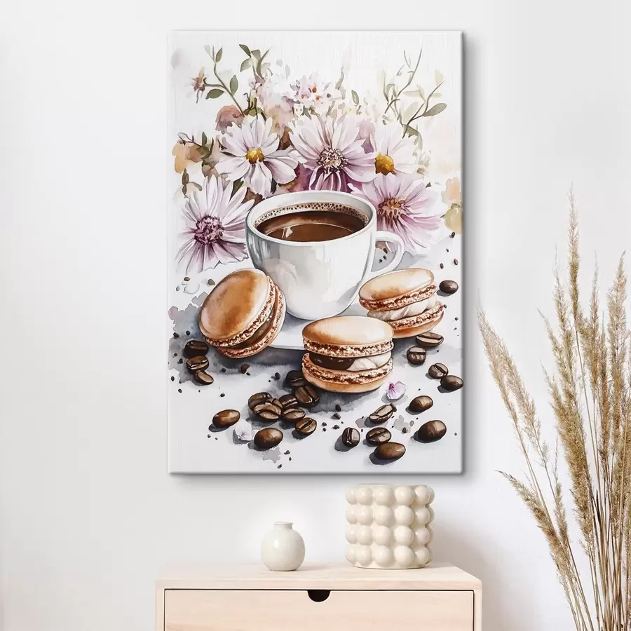 murales de pared Taza de café con macarrones, flores rosas, estilo acuarela, granos de café  s41963