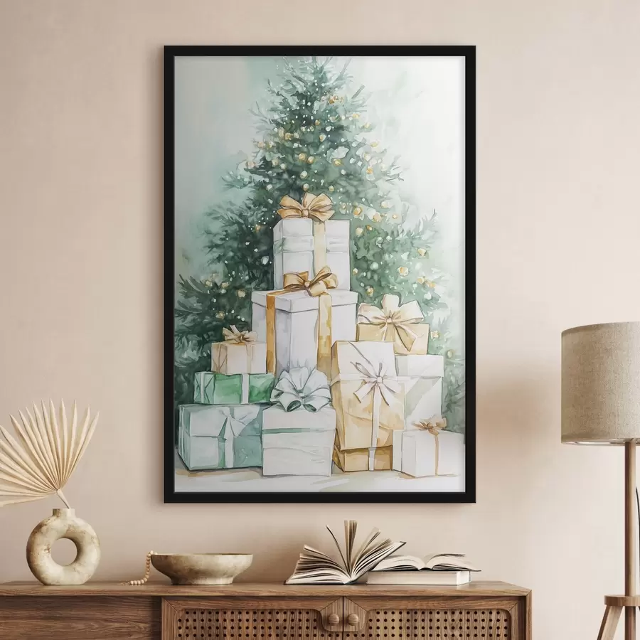 murales de pared Árbol de Navidad con regalos envueltos, estilo acuarela, festivo f41944
