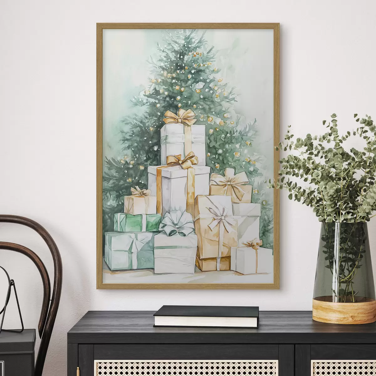 Poster Árbol de Navidad con regalos envueltos, estilo acuarela, festivo f41944