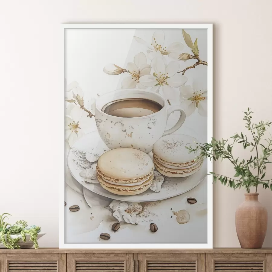 murales de pared Taza de café con macarrones, estilo acuarela, colores suaves, flores de jazmín f41949