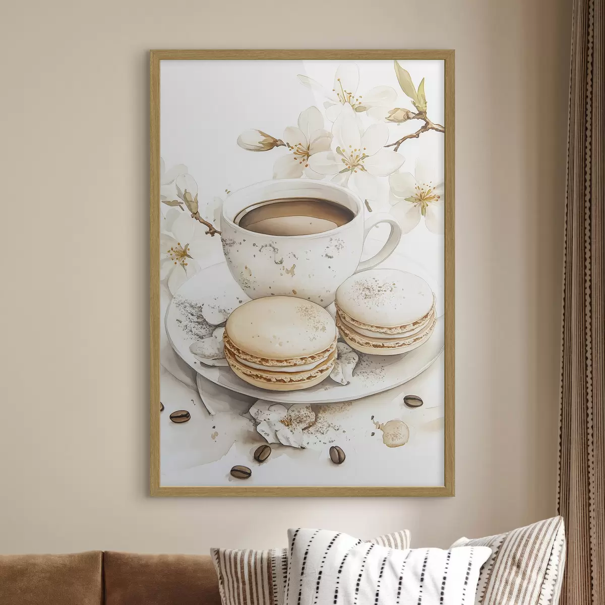 Poster Taza de café con macarrones, estilo acuarela, colores suaves, flores de jazmín f41949