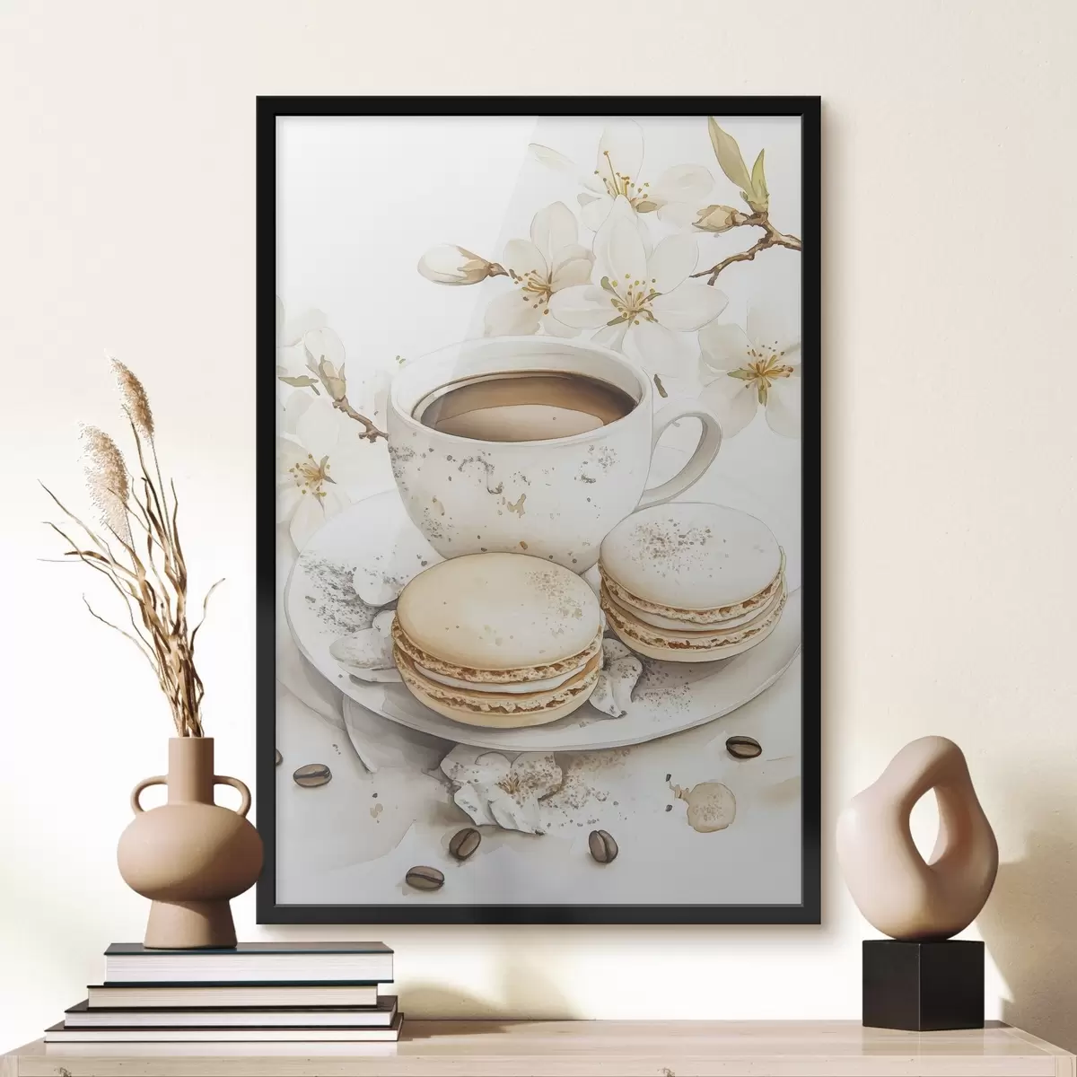 Poster Taza de café con macarrones, estilo acuarela, colores suaves, flores de jazmín f41949