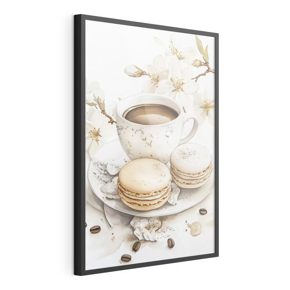 Poster Taza de café con macarrones, estilo acuarela, colores suaves, flores de jazmín f41949