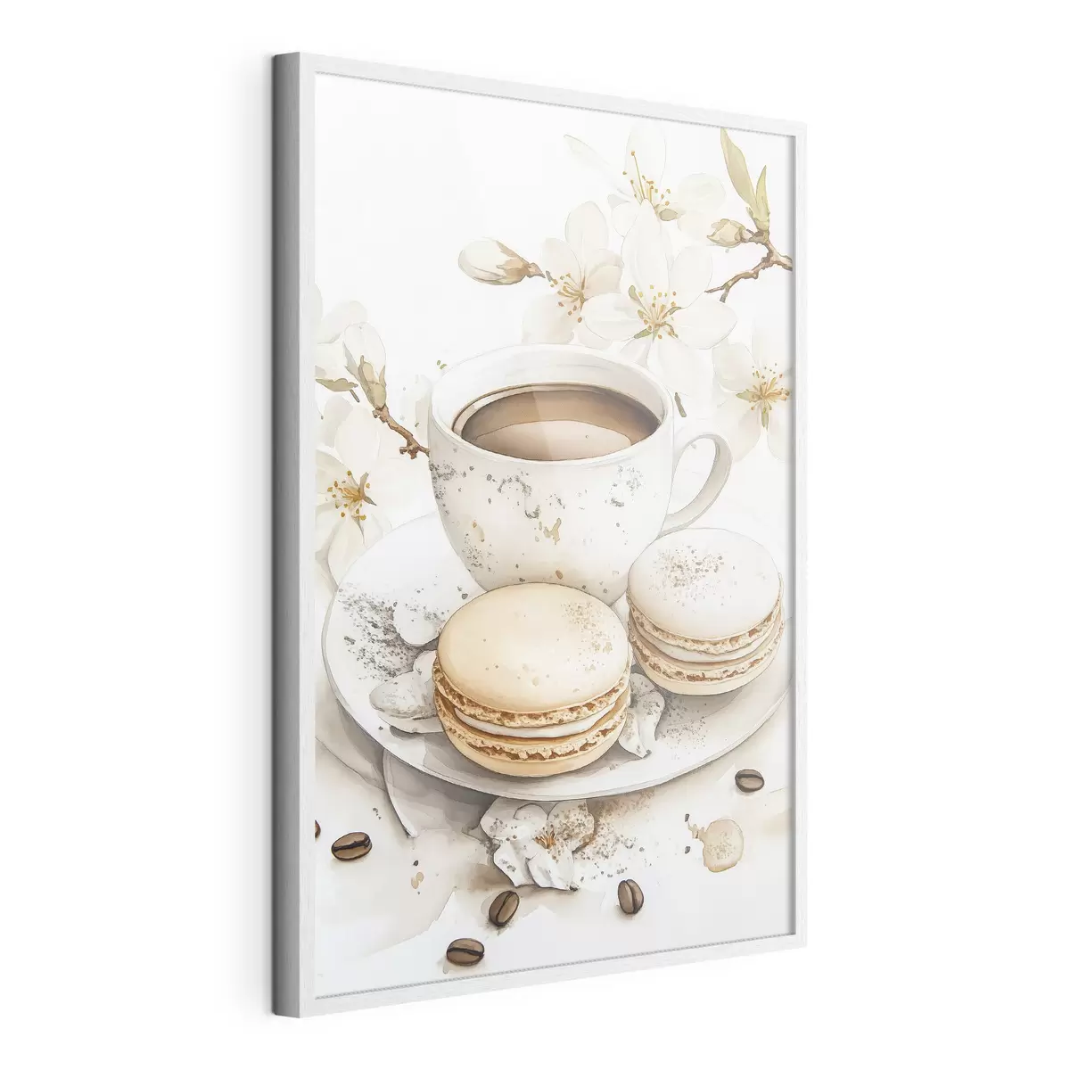 Poster Taza de café con macarrones, estilo acuarela, colores suaves, flores de jazmín f41949